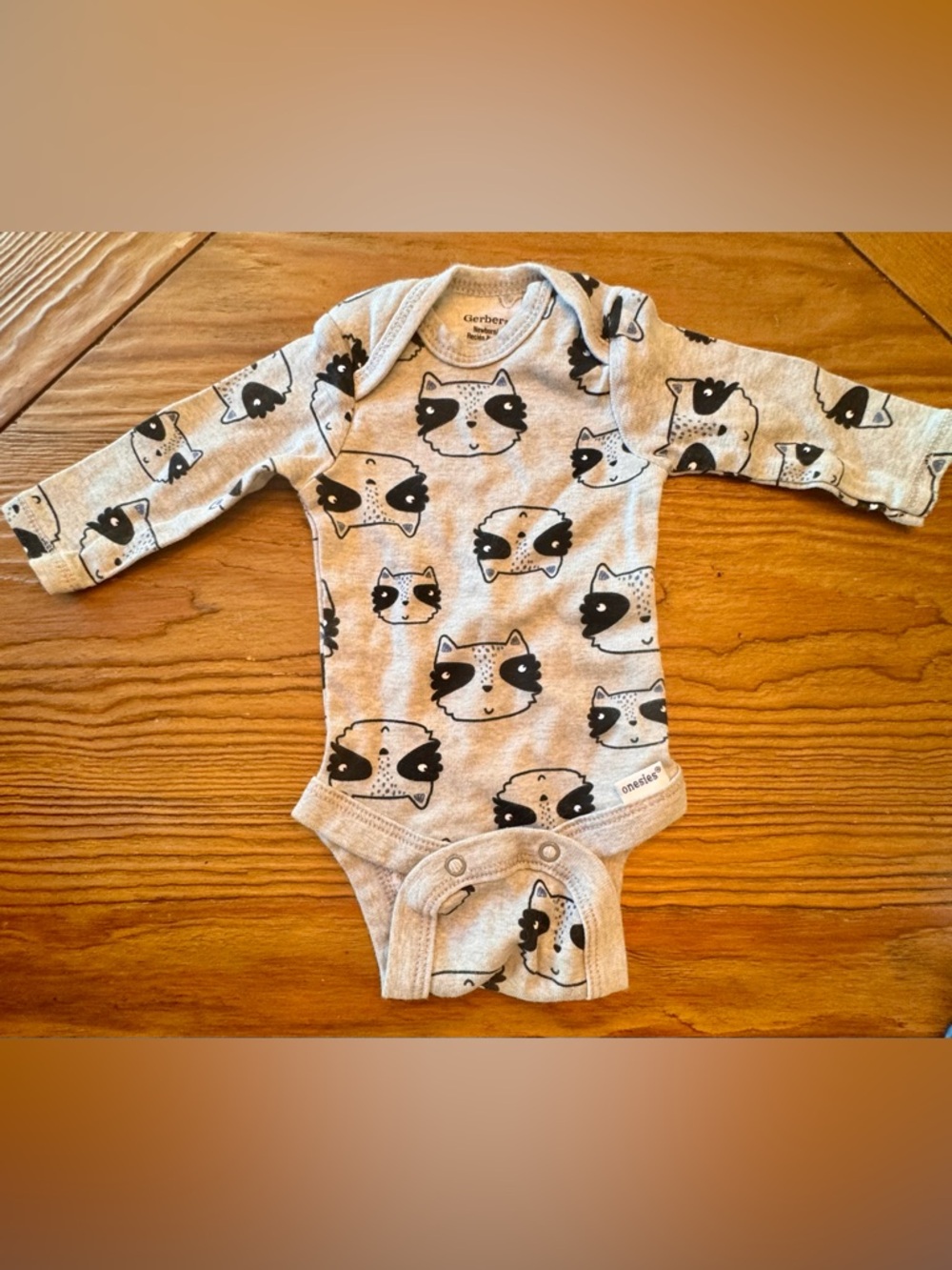Gerber Gray Raccoon Face Long-Sleeve One-Piece